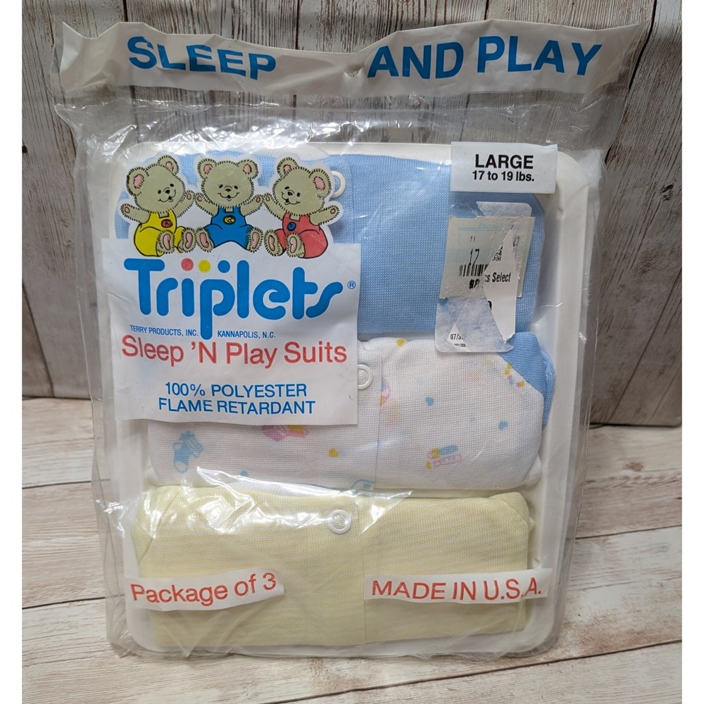 Vintage Triplets Sleep N Play Suits Infant Size Large